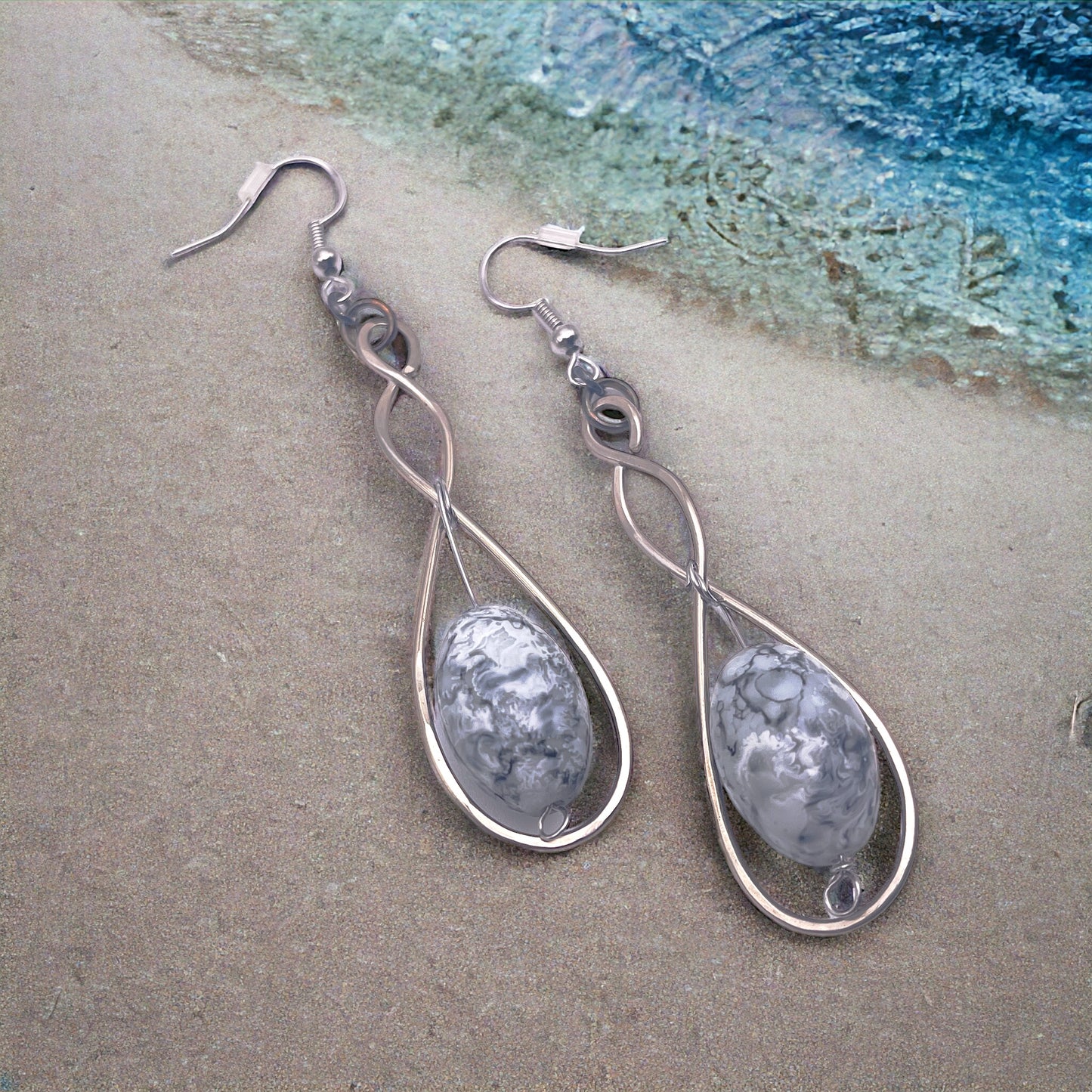 Triple Infinity Loop Silver Faux Marble Earrings