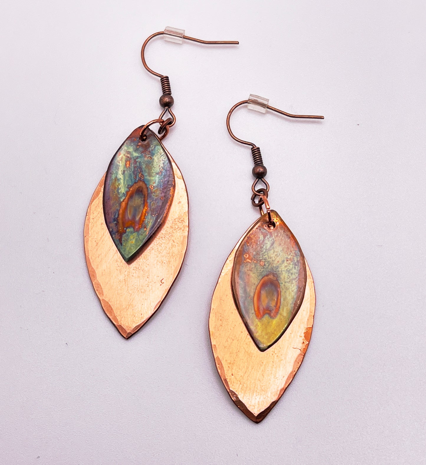 Flame-painted Copper Leaf Earrings Two Tier