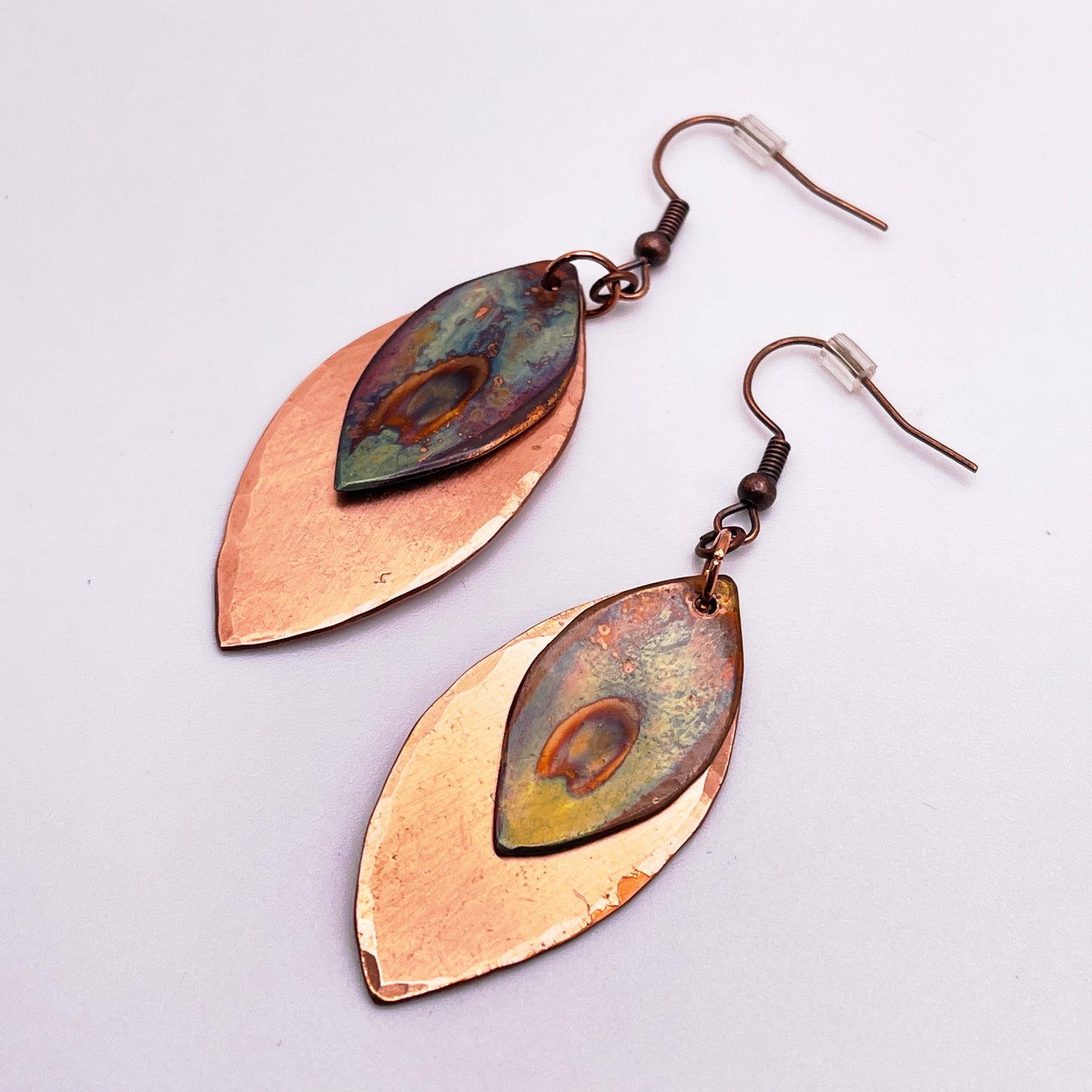 Flame-painted Copper Leaf Earrings Two Tier