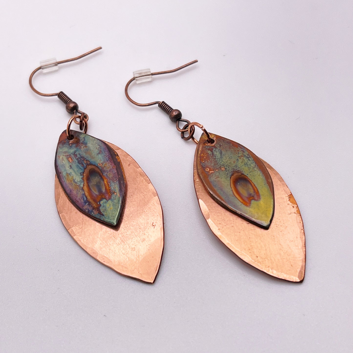 Flame-painted Copper Leaf Earrings Two Tier